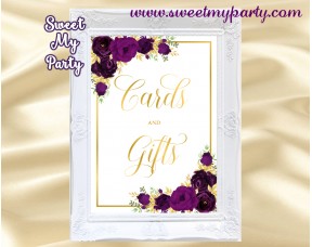 Eggplant Cards and gifts sign printable, Gold Cards and Gifts sign, (19w)